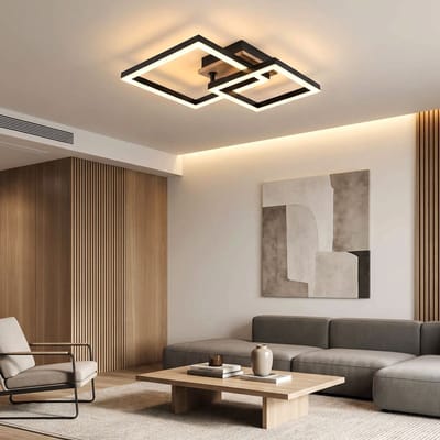 Plafondlamp Houten lamp Eetkamerlamp, MDF hout look metaal zwart opaal, LED 15W 700Lm warm wit, LxBxH 42x31x8cm