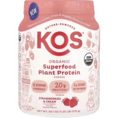 KOS, Poudre de Protéines Végétales Superaliment Bio, Fraises et Crème, 1,25 lb (570g)