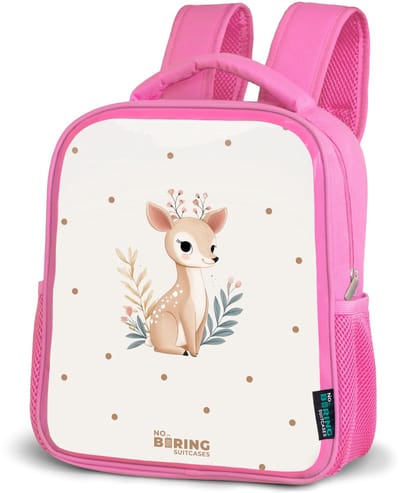 NoBoringSuitcases.com® - Rugzak roze - Schooltas meisjes - Hertje met planten in een veld vol stippen - Kinder rugtas meisje - Boekentas kind - Kinderrugzak voor school - Schoolrugzak