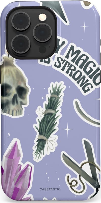 Casetastic hoesje geschikt voor Apple iPhone 15 Pro Max - MagSafe - Dubbellaagse bescherming - Lila Paarse Hekserij Strong Magic Sterren Collage - Fashion Case - Lila Lichtgrijs Wit