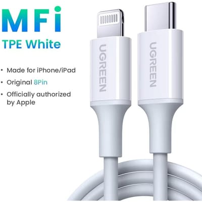 UGREEN Geschikt voor Apple oplaadkabel Type-C datakabel PD30/20W snelladen naar Lightning iPhone 14/13 telefoon 1m wit