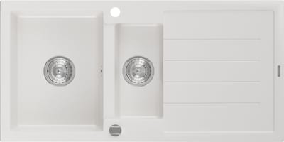 Mexen Andres granieten gootsteen 1,5-komor met afdruiprek 1000 x 500 , wit, chrom sifon - 6515101510-20