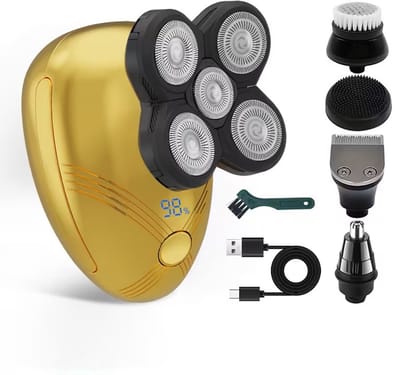 5in1 Gertzy Head shaver - Digitale Scheerapparaat voor Kale Hoofd - Usb Oplaadbare Skullshaver + Baardtrimmer + Neustrimmer + Borstel - Head Shaver met 5 roterende mesjes - Digitale Batterij Indicator - Kleur Goud