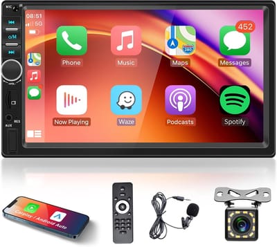 Apple CarPlay 2 Din autoradio met Android Auto, Bluetooth handsfree, 7 inch touchscreen autoradio met MirrorLink, FM/USB/AUX/EQ/TF, stuurwielbediening + achteruitrijcamera met microfoon, afstandsbediening