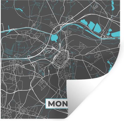 Muurstickers - Sticker Folie - België – Mons – Stadskaart – Kaart – Blauw – Plattegrond - 100x100 cm - Plakfolie - Muurstickers Kinderkamer - Zelfklevend Behang XXL - Zelfklevend behangpapier - Stickerfolie