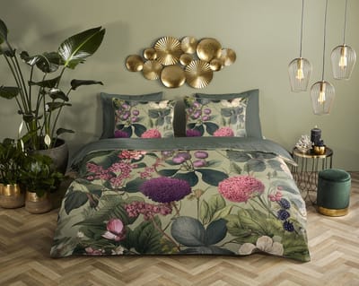 Descanso dekbedovertrek bloemen & bladeren - 1 persoons 140x200/220 cm - Groen - 100% Katoen satijn