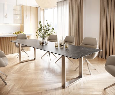 Eettafel Edge keramiek Laminam® Nero Greco grijs 300x100 roestvrij staal smal