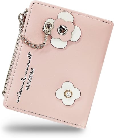 Dailygoods - Andiker Kleine portemonnees voor vrouwen, PU-leer, compacte bi-vouw-damesportemonnee met ritssluiting, muntvak, prachtige damesportemonnee met bloemengesp design, roze, 11.5*9*1.5 cm, Casual