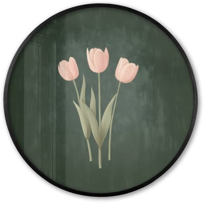 Poster in lijst Rond - Fotolijst 60x60 cm - Posters - Tulpen - Liefde - Donkergroen - Ronde posterlijst zwart - Decoratie - Wanddecoratie woonkamer - Muurdecoratie slaapkamer