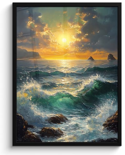 Poster in lijst - Fotolijst 50x70 cm - Posters - Zee - Zon - Golven - Rotsen - Posterlijst zwart - Decoratie - Wanddecoratie woonkamer - Muurdecoratie slaapkamer