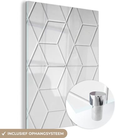 Glasschilderij - Wit - Patronen - Design - Steen - Ruit - 120x160 cm - Schilderij glas - Woondecoratie