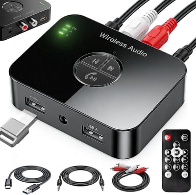 Bluetooth-adapter voor stereosysteem – Bluetooth 6.0-audioadapter – Bluetooth-zender met 3,5 mm AUX RCA-kabel – Bluetooth AUX-adapter met afstandsbediening – Audiozender met