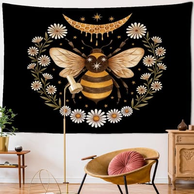 Psychedelische Bij Wandkleed Muur Madeliefje Bloem Bohemien Hippie Hekserij Waarzeggerij Woonkamer Slaapkamer Huisdecoratie 95x70cm brown