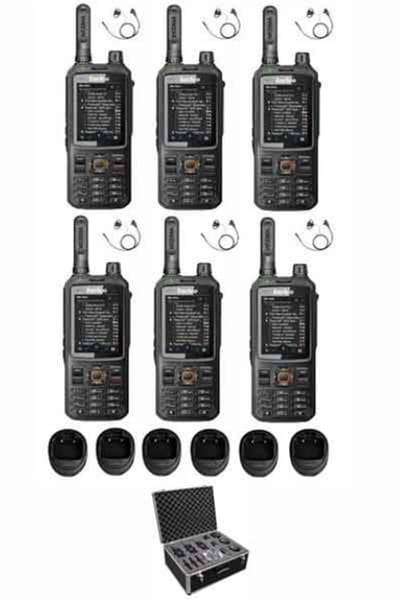 Set van 6 Inrico T320 V2 4G LTE Zello Portofoon, GPS, Wifi met tafellader, G-shape oortje en koffer
