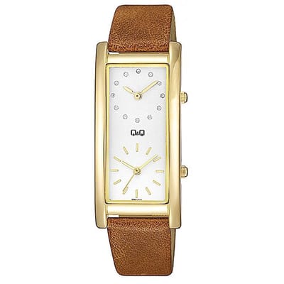 Q&Q horloge met bruin leren band QB61J111Y tweede tijdsaanduiding.