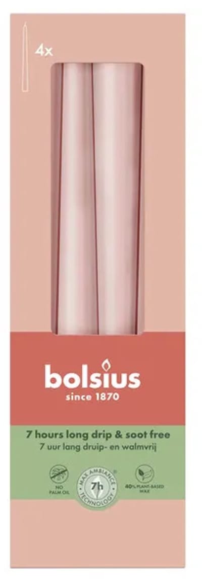 Bolsius Dinerkaars 245/24 Misty Pink – 8 x 4 Stuks – Roze Tafelkaarsen met Easy-Fit Voet