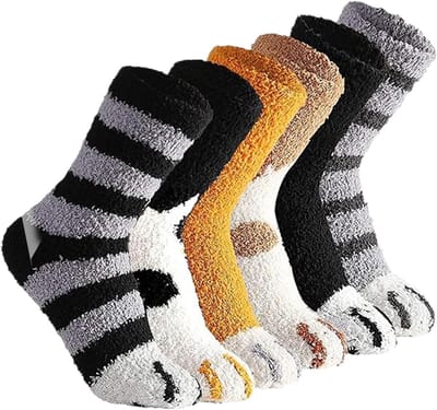 Zes paar warme en comfortabele sokken met kattenpootdesign van dik koraalfleece voor dames en meisjes - Perfect voor casual wear en loungen, een maat geschikt voor iedereen