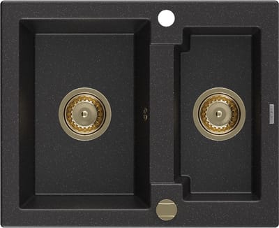 Mexen Carlos granieten gootsteen 1,5-kamer 582 x 475 , zwart/zilver metallic, gouden sifon - 6518581500-73-G