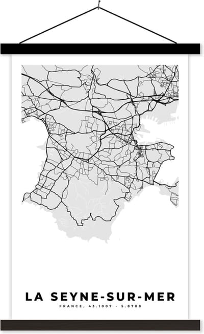 Posterhanger incl. Poster 40x60 cm - Schoolplaat - Frankrijk - La Seyne-sur-Mer - Stadskaart - Plattegrond - Kaart - Textielposter - Zwarte latten - Stadskaart