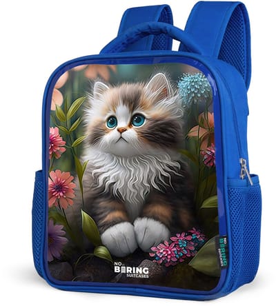 NoBoringSuitcases.com® - Rugzak blauw - Schooltas jongens - Kitten tussen bloemen - Kinder rugtas jongen - Boekentas kind - Kinderrugzak voor school - Schoolrugzak