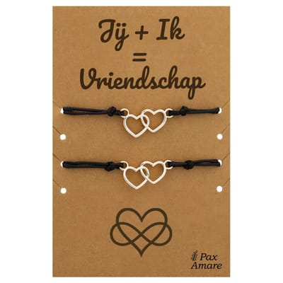 Vriendschapsarmbandjes voor 2 "Jij + Ik = Vriendschap" - Verbonden Hartjes - BFF Armbandjes met Persoonlijk Cadeau Kaartje - Zilverkleurig - Elastisch Verstelbaar - Pax Amare