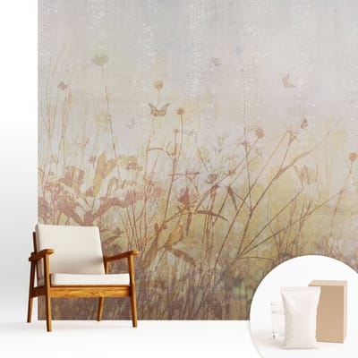 Wallfluent Behang - Harmonie van de weide Vliesbehang - 250x250 cm - Beige Behang - Voor natuurliefhebbers en liefhebbers van entomologie - Behang Voor de slaapkamer, woonkamer en hal - Wanddecoratie Bloemen en planten