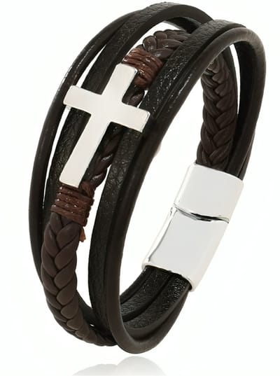 Armband Heren - Bruin Leer met Zilver kleurig Kruis - 23cm - Leren Armbanden - Papa Cadeau Voor Mannen - Vaderdag
