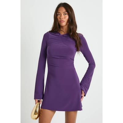 boohoo Dames Mini-jurk met knoopdetail en geraffelde taille | Plum | Maat: 10