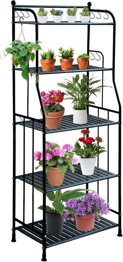 5 Tier Metalen Plantenstandaard con 10 Ganchos, Zwart Bloemenrek Metaal Bloempothouder Rek Opbergrek voor Binnen en Buiten, Tuin, Balkon, Woonkamer, Terras