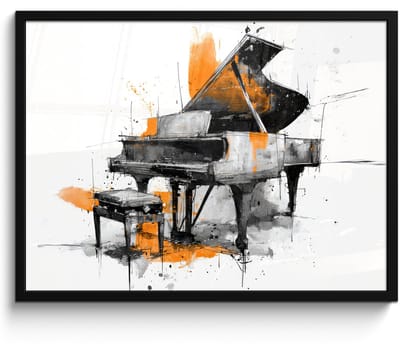 Poster in lijst - Fotolijst 80x60 cm - Posters - Piano - Oranje - Zwart - schets lijnen - Posterlijst zwart - Decoratie - Wanddecoratie woonkamer - Muurdecoratie slaapkamer