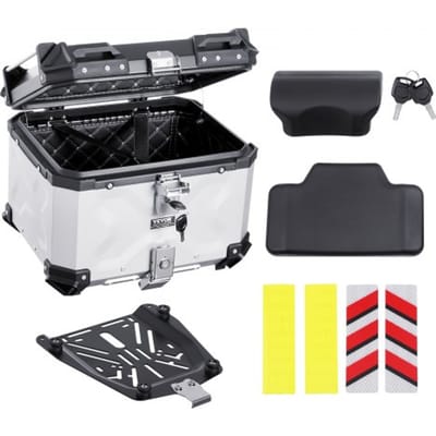 VEVOR Motorfiets Topkoffer 45L Aluminiumlegering Achterkoffer met Leren Voering, Afneembare Motorfiets Topkoffer met Slot & Rugkussen, Helmhoes (435 x 378 x 348 mm) Zilver