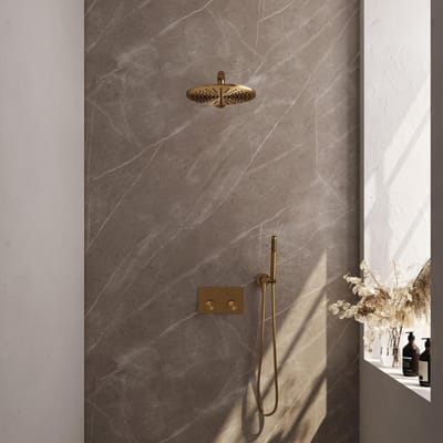 Brauer Gold Carving Thermostatische Regendoucheset Inbouw - Hoofddouche 30 cm - Rechte Wandarm - Met Drukknoppen - Handdouche Staaf - Doucheslang - Wandaansluitbocht - Geborsteld Goud