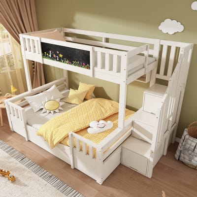 DESMIU Stapelbed 90x200 cm en 140x200 cm - Stapelbed met krijtbord en opbergtrap - Met laden en extra bergruimte - Voor kinderen en gezin - Hout en metaal - Wit - Zonder matras