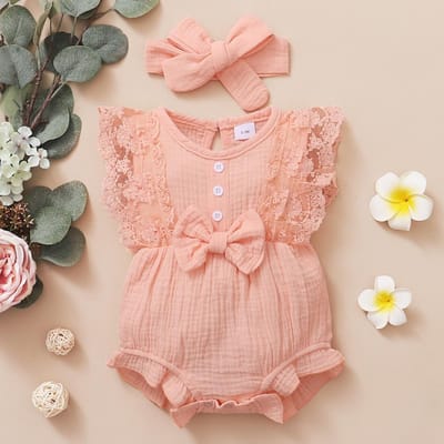 0-18 Maanden Pasgeboren Baby Meisje Effen Zachte Romper Kant Wijde Mouw Zomer Romper met Hoofdband Peuter Baby Meisje Kleding 12-18M beige