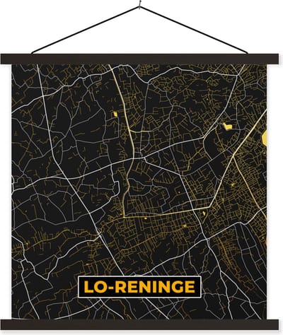 Posterhanger incl. Poster 60x60 cm - Schoolplaat - Stadskaart - Goud - Plattegrond - Lo-Reninge - Kaart - Textielposter - Zwarte latten - Stadskaart