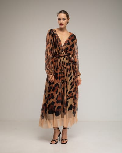 Dierprint tule midi-jurk