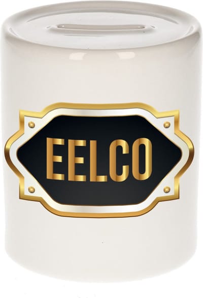 Spaarpot met voornaam Eelco - wit - met goud/zwart embleem - 8 x 9 cm - keramiek - met afsluitdop - cadeau verjaardag