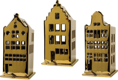 Heinen Delfts Blauw set van 3 witte trapgevel tuitgevel klokgevel Amsterdamse huisjes waxinelicht houders kandelaars Goud 8 x 17 cm