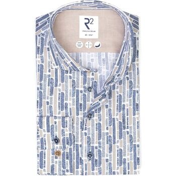 R2 Overhemd Poplin Print Blauw - Maat 46 - Heren - Overhemden Casual