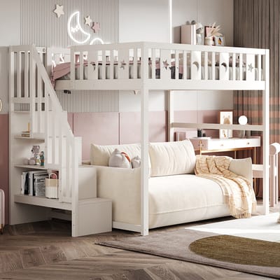 Komhtom Stapelbed voor kinderen 140*200 met trap, stapelbed van massief hout met veiligheidshek, decoratie met sterren en maan. Wit