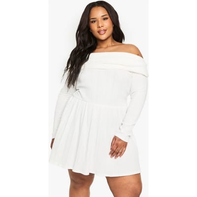 boohoo Dames Plus Cotton Rib Bardot Skater Jurk | Cream | Maat: 26