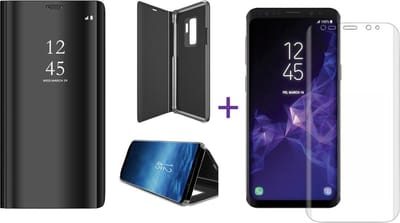 Hoesje geschikt voor Samsung Galaxy S9 - Screen Protector PET - Book Case Spiegel Zwart & Screenprotector