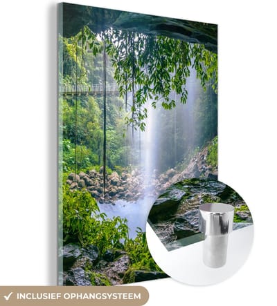 MuchoWow® Glasschilderij 120x160 cm - Schilderij acrylglas - Jungle - Regenwoud - Water - Waterval - Planten - Foto op glas - Muurdecoratie woonkamer - Wanddecoratie slaapkamer - Schilderijen