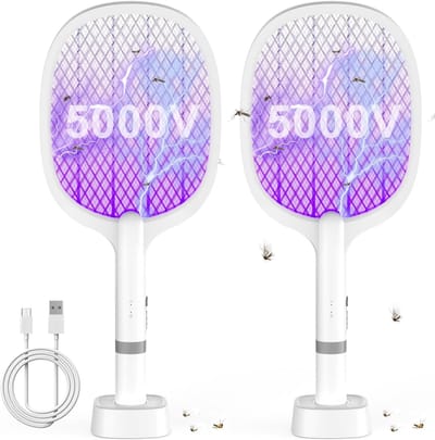 5000V Electric Fly Elektrische Vliegenmepper - Extra Sterke Vliegenmepper Elektrisch, 2 in 1 USB Type-C Elektrische Muggenmepper met Oplaadbare Batterij & UV Lichtval voor Muggen, Vliegen 2-Pack