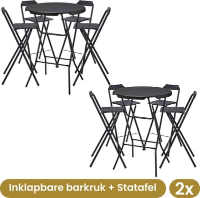 8x Alora Inklapbare barkruk + 2x Alora Statafel Zwart - Opklapbaar - Met voetsteun - Cocktailtafel - Alora - Zwart - Beurs