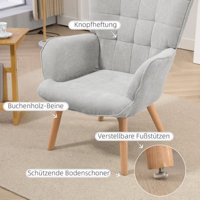 Fauteuil Set - Met Hocker En Corduroy Look - Dikke Bekleding En Houten Poten - Voor Woonkamer En Kantoor - Grijs