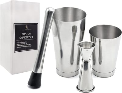 Cocktail Shaker Set met 28oz en 18oz verzwaarde blikken, Muddler en Jigger - RVS Bar Tools (4st set)