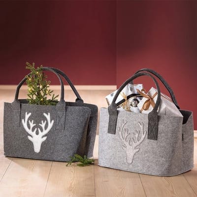 Thuys – Elegante Vilten Tas – Met Hert En Glitter Grijs – Kranten – En Winkeltas – Met Houten Mand En Riem – 26 x 44 Cm