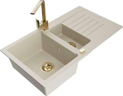 Mexen Matias granieten gootsteen 1,5-komor met afdruiprek en keukenmengkraan Rita, beige - 6502-69-670300-50