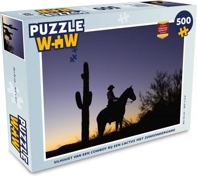 Puzzel Silhouet van een cowboy bij een cactus met zonsondergang - Legpuzzel - Puzzel 500 stukjes